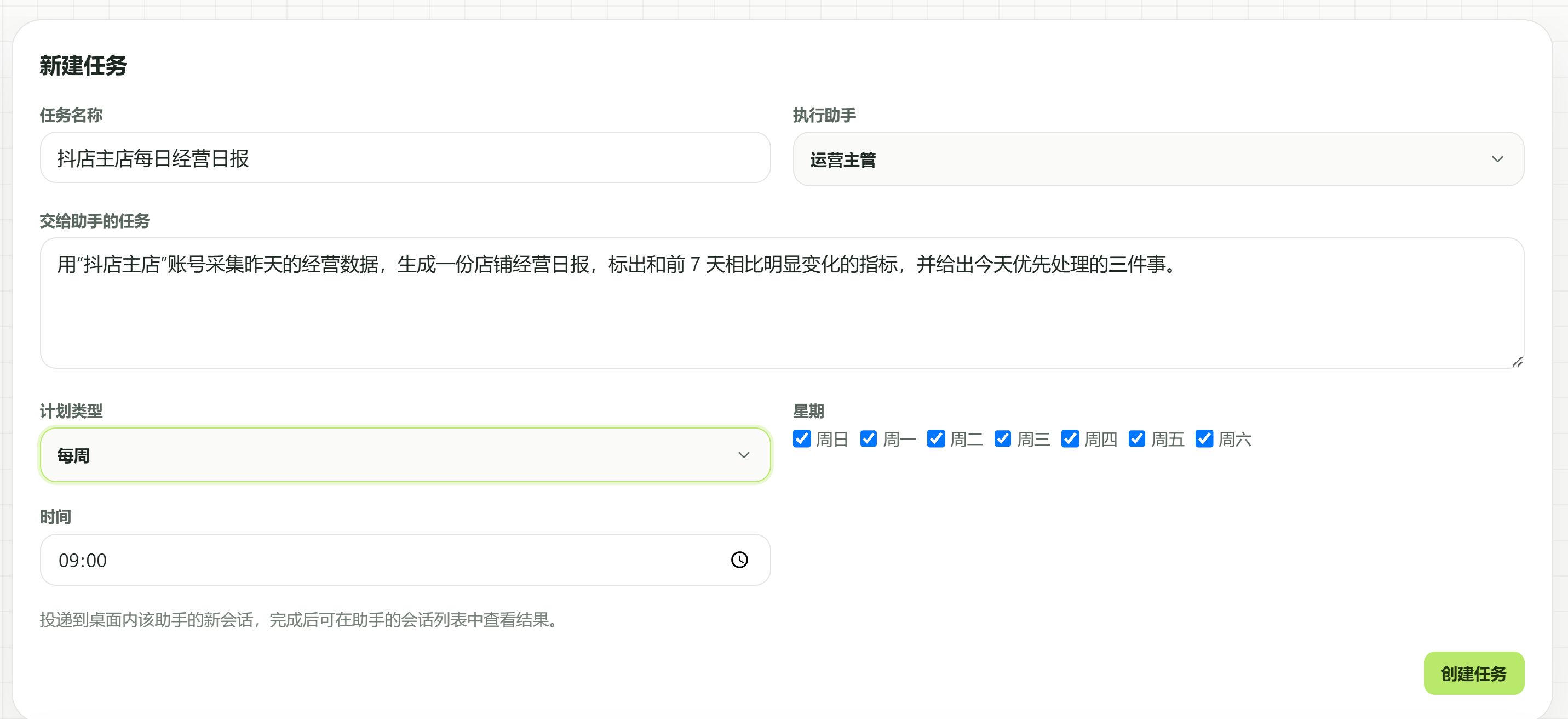 店铺日报定时任务:执行助手选运营主管,写清任务内容,设定每天的执行时间