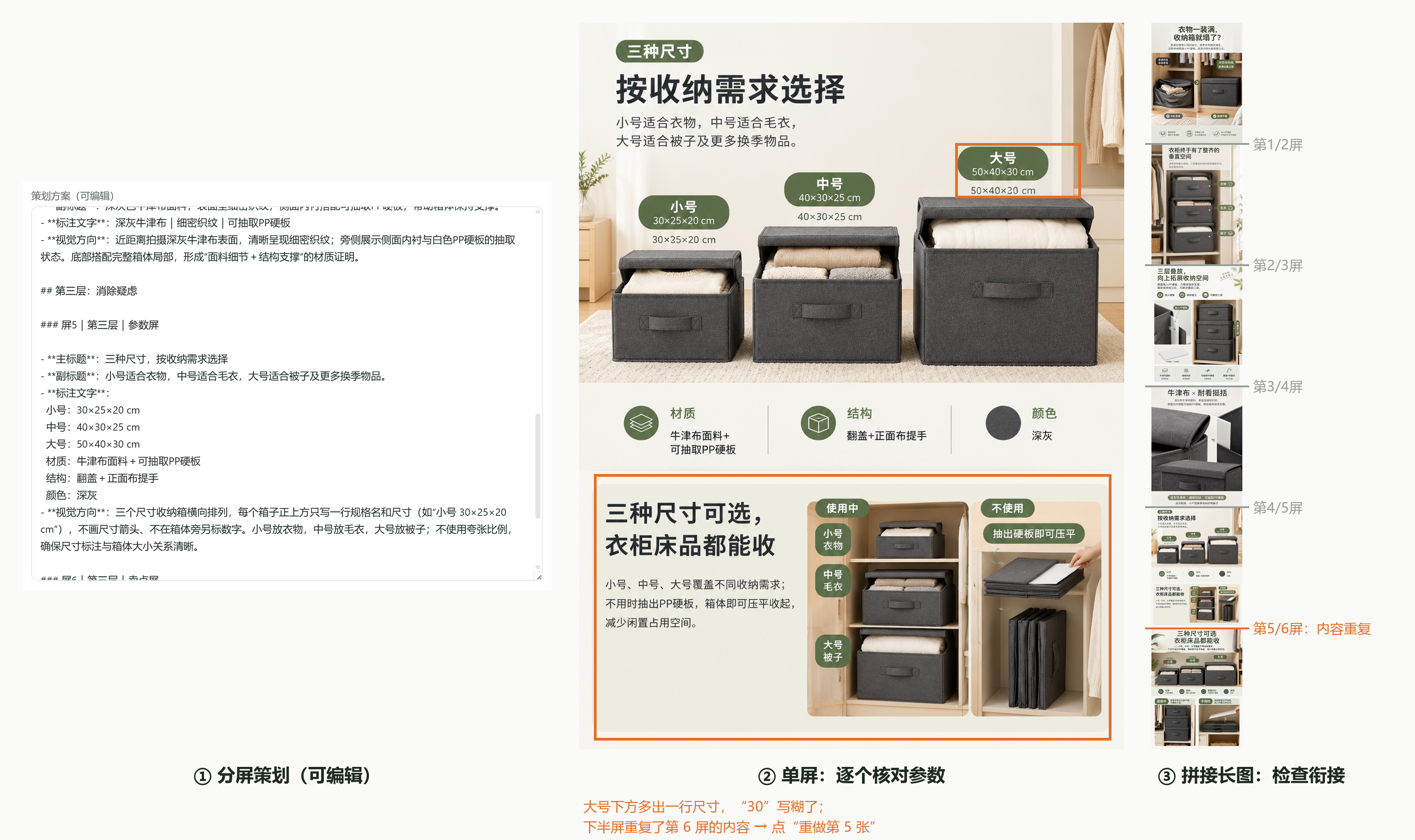 从分屏策划到单屏、再到拼接长图的检查：这张参数屏多写了一行尺寸，下半屏又重复了下一屏的内容，长图第5/6屏衔接处也能看出重复，应先重做第5张再拼接